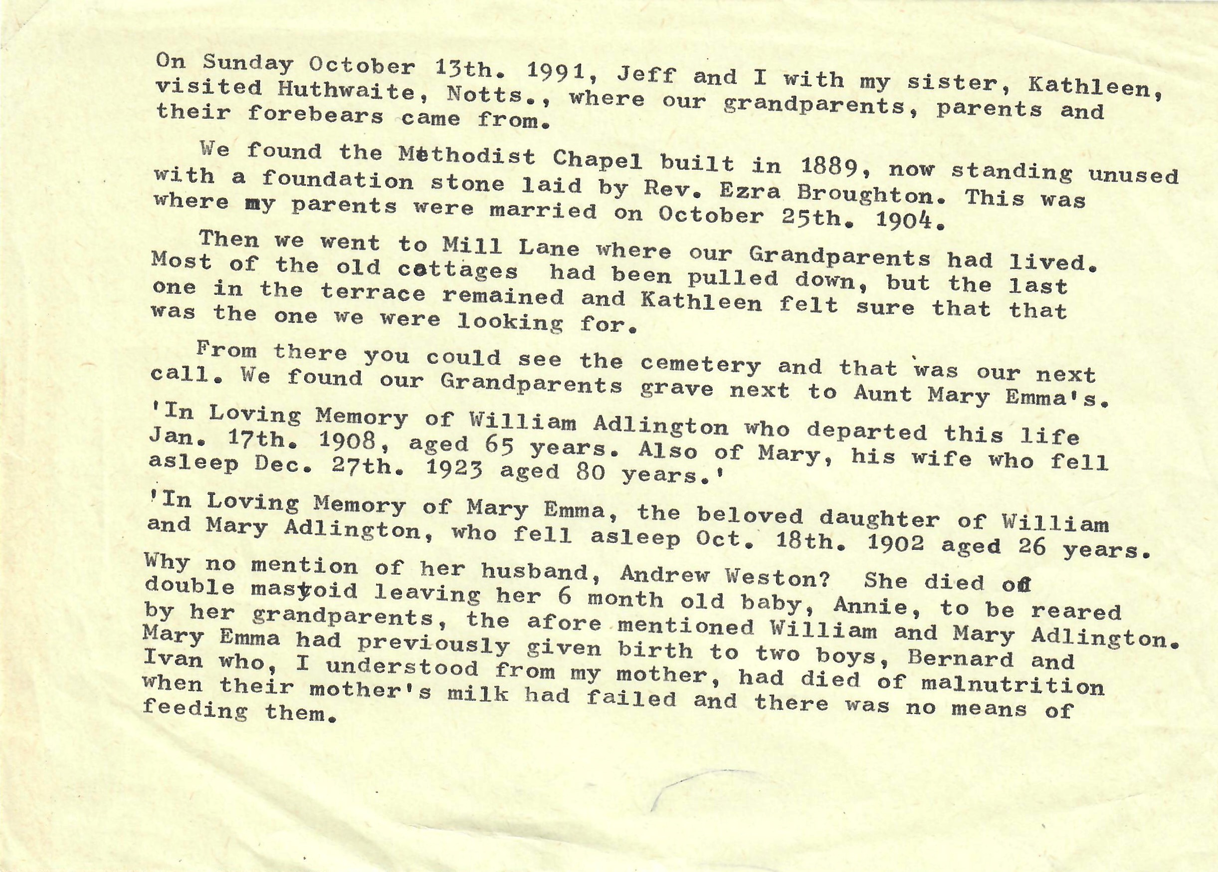 Note from Joan Gray on a visit to the Methodist Chapel at Huthwaite 